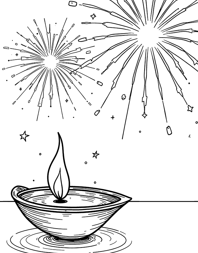 Diwali lights and fireworks coloring page